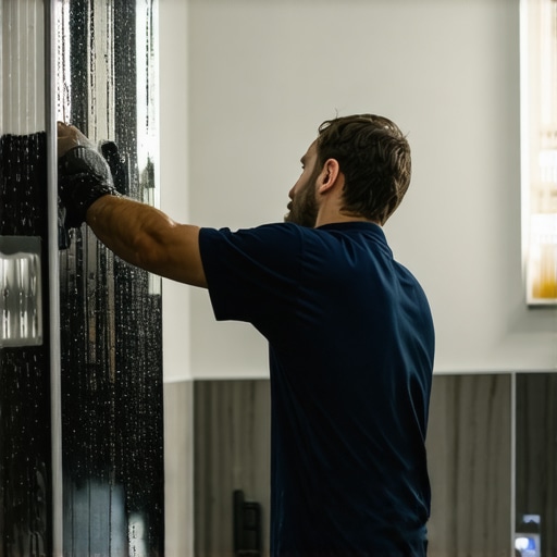 Technician applying seamless liquid waterproofing in bathroom shower