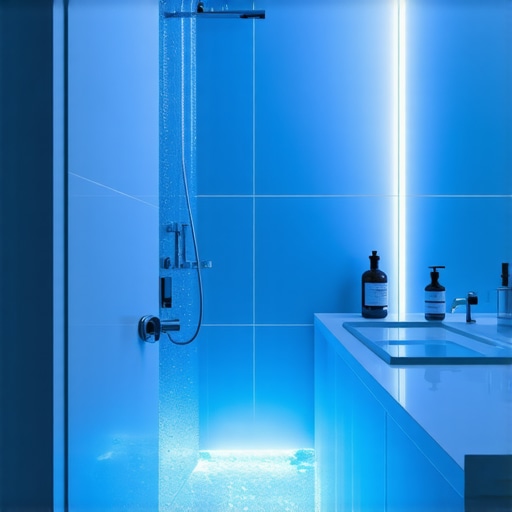 Futuristic Smart Bathroom with Advanced Waterproofing Bathroom featuring nano-coatings, IoT sensors, and modular waterproof panels for durability