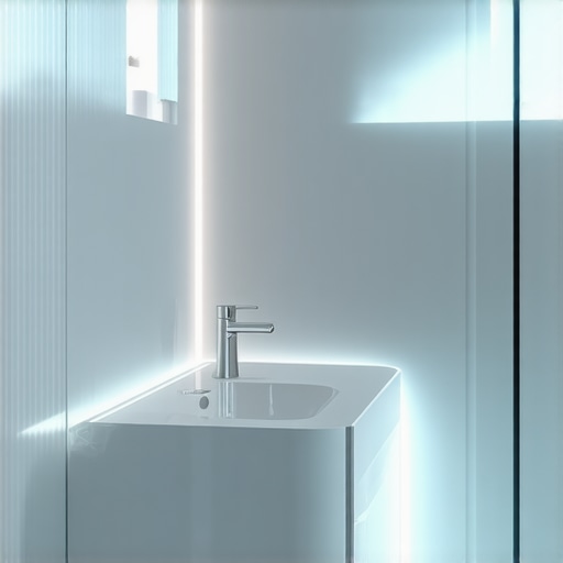 Futuristic Bathroom with Smart Waterproofing Technologies Modern bathroom featuring IoT sensors, seamless waterproofing, and smart materials for durability