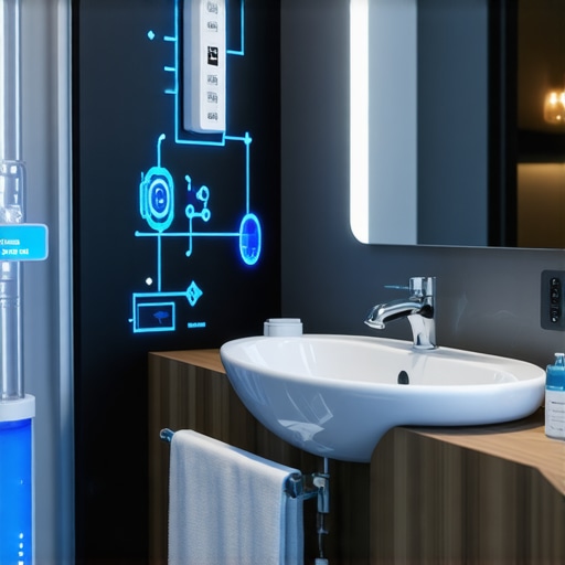 High-Tech Bathroom Monitoring System Modern bathroom equipped with nanotech grout sealant and IoT moisture sensors for advanced maintenance