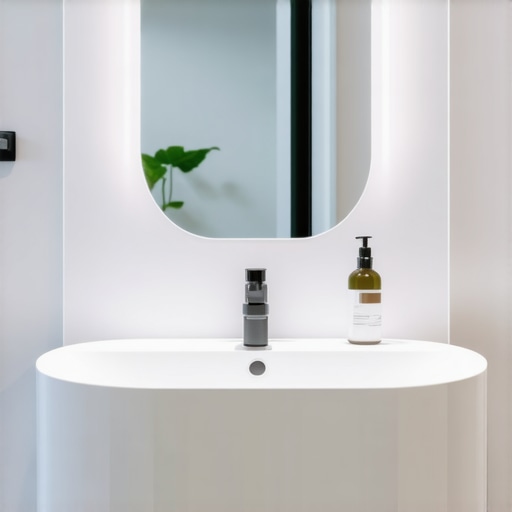 Modern bathroom featuring advanced nanotech sealants, IoT sensors, and modular design elements