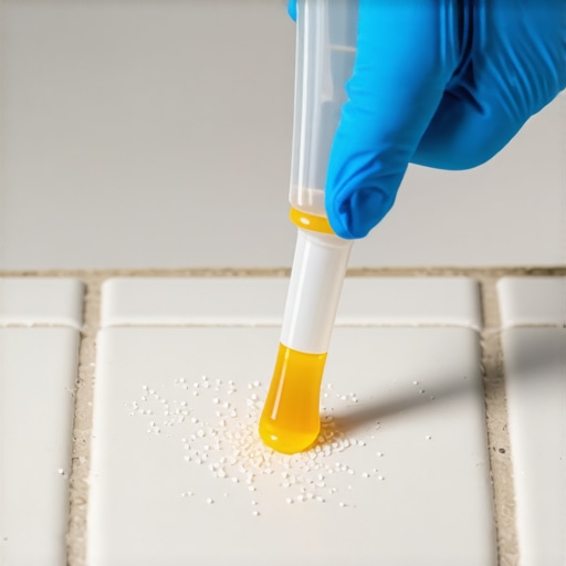Nanotech Sealant Application on Bathroom Tile Close-up of nanotech sealant being applied to bathroom grout in a laboratory environment