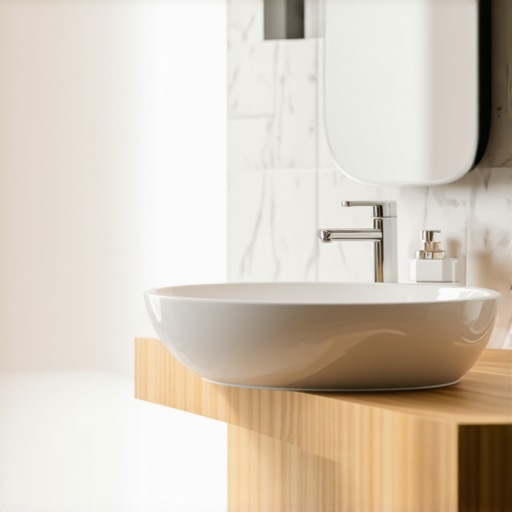 Smart Nano-Coated Bathroom Surfaces with Sensors Modern bathroom showcasing nanocoatings and moisture sensors on tiles and fixtures