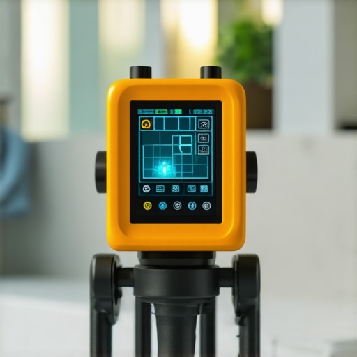 Infrared and laser diagnostic tools inspecting a bathroom shower surface, professional repair scene, high detail