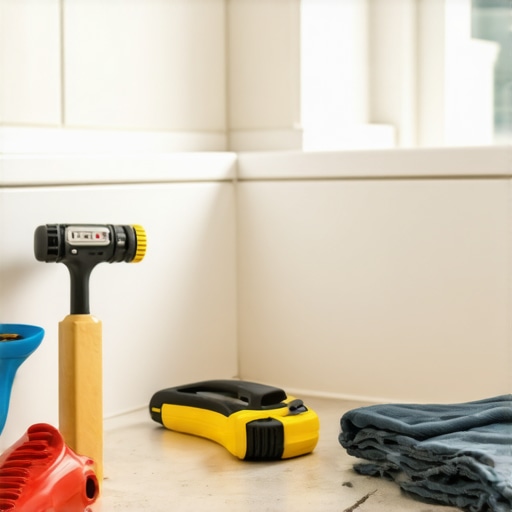 Professional worker installing bathroom tiles and baseboards with tools