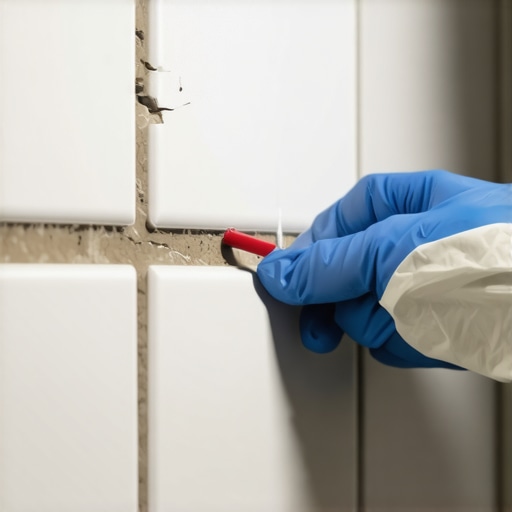 Detailed close-up of nano-sealant sealing microcracks on bathroom tile surface, demonstrating innovative waterproofing method.