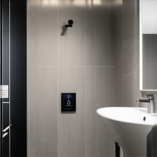Futuristic Bathroom Innovation A modern bathroom featuring advanced grout and smart tiles for durability and aesthetic appeal.