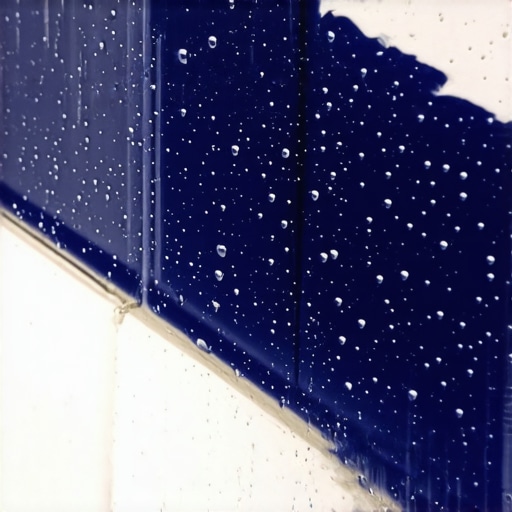 Nano-Enhanced Epoxy Waterproof Barrier Close-up of nano-infused epoxy coating demonstrating water repellency on bathroom tiles.