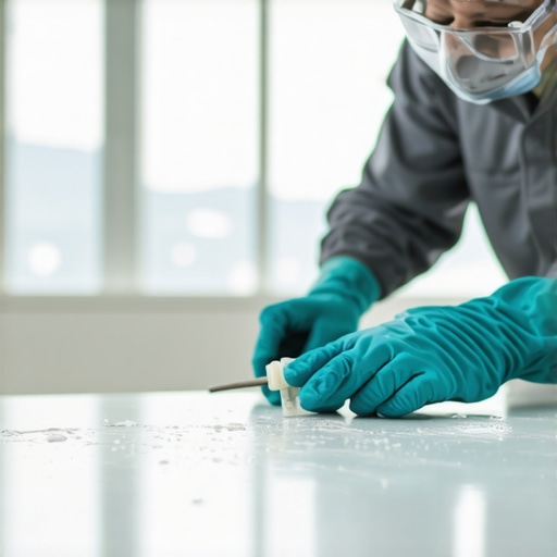 A technician carefully applying advanced sealant around bathroom fixtures to ensure waterproof integrity