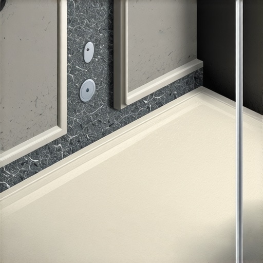 Technical illustration of a bathroom shower baseboard featuring sealed grout lines and integrated moisture sensors, demonstrating durable waterproofing techniques.
