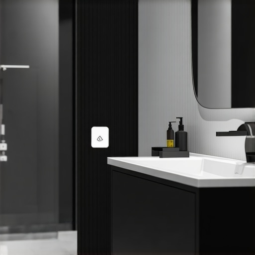 Smart Bathroom Technology Integration Bathroom with visible smart moisture sensors and IoT monitoring system.