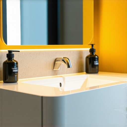 Bathroom surfaces featuring nano-coatings and embedded sensors in a modern, sleek environment