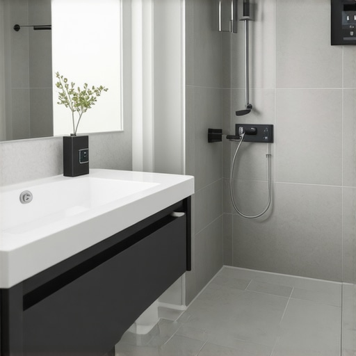 A futuristic bathroom with nano-coated grout, eco-friendly baseboards, and moisture sensors embedded in surfaces.