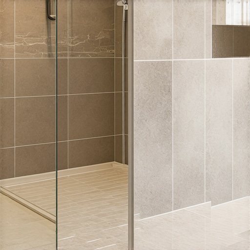A modern bathroom shower featuring nano-coated tiles, waterproof membranes, and sleek grout lines emphasizing durability and design.
