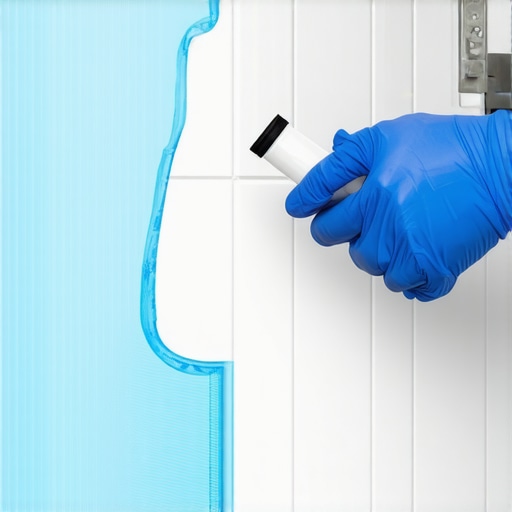 Technician sealing micro-trim baseboard with epoxy in a modern bathroom