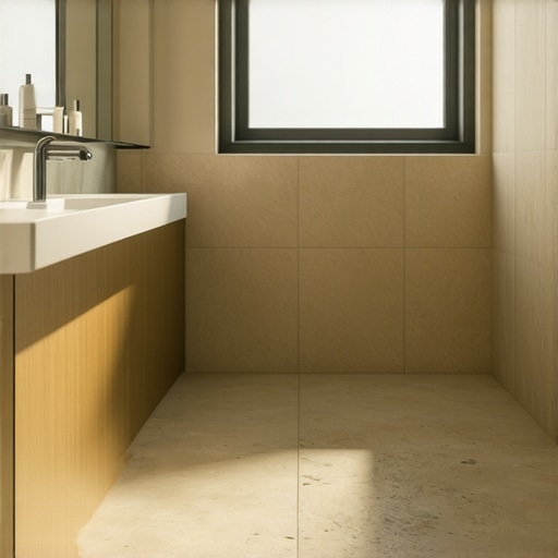 Close-up of professional grout application with nano-sealants and seamless transition joints in contemporary bathroom setting.